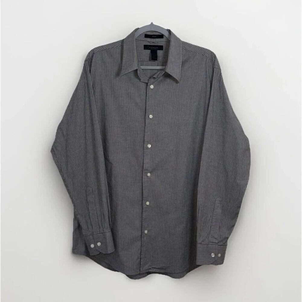 Express Men's Stretch Button Up Shirt Sz Large Long Sleeve Gray White Striped